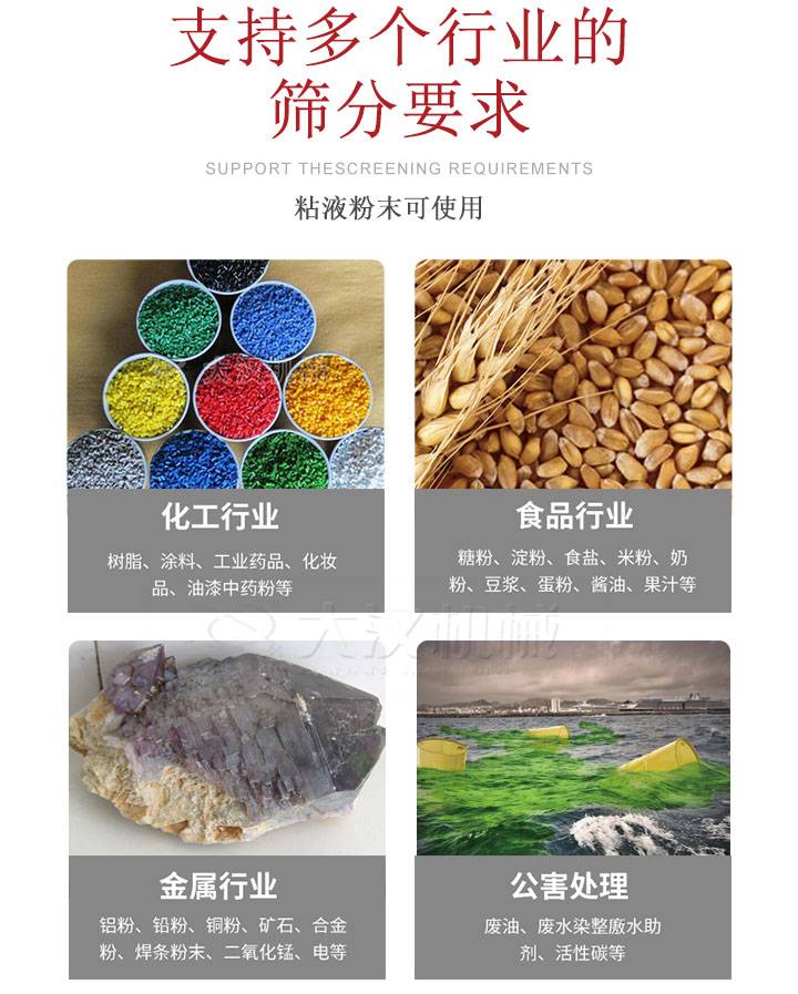 適用于化工行業(yè)，食品行業(yè)，金屬行業(yè)，以及公害處理等行業(yè)。化工行業(yè)：樹脂，涂料，工業(yè)藥品，化妝品，油漆，中藥粉等;食品行業(yè)：糖粉，淀粉，食用鹽，米粉，奶粉，豆?jié){，蛋粉，醬油，果汁等;金屬行業(yè)：鋁粉，鉛粉，銅粉，礦石，合金粉，焊條粉末，二氧化錳，電等。公害處理：廢油，廢水染整廒水助劑，活性炭等。超聲波振動(dòng)篩支持挑選定制常見的有：不銹鋼，碳鋼，全不銹鋼三種規(guī)格。不銹鋼：耐腐蝕，耐高溫適合化工行業(yè),碳鋼：鋼性強(qiáng)，硬度高經(jīng)久耐用,全不銹鋼：機(jī)身經(jīng)久耐用不易生銹不易腐蝕超聲波振動(dòng)篩共有一到四層可供選擇。大漢超聲波振動(dòng)篩優(yōu)勢(shì)：篩分效率高，篩分精度高，產(chǎn)量可提高0.5-10倍適用于：大米，米粉，綠豆，小米等。輕松解決堵網(wǎng)問(wèn)題適用10目-635目之間的物料。