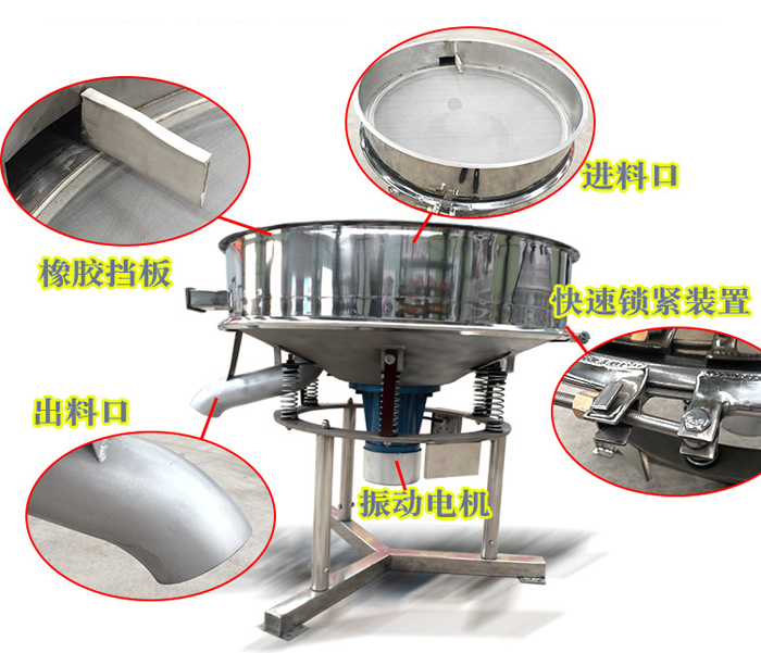 高頻振動篩由進料口,橡膠擋板,快速鎖緊裝置,振動電機,出料口等組成